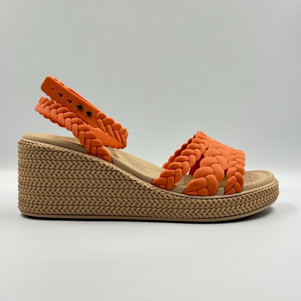 Crocs Womens 9 Orange LiteRide Brooklyn Braided Platform Wedge Sandal Comfort